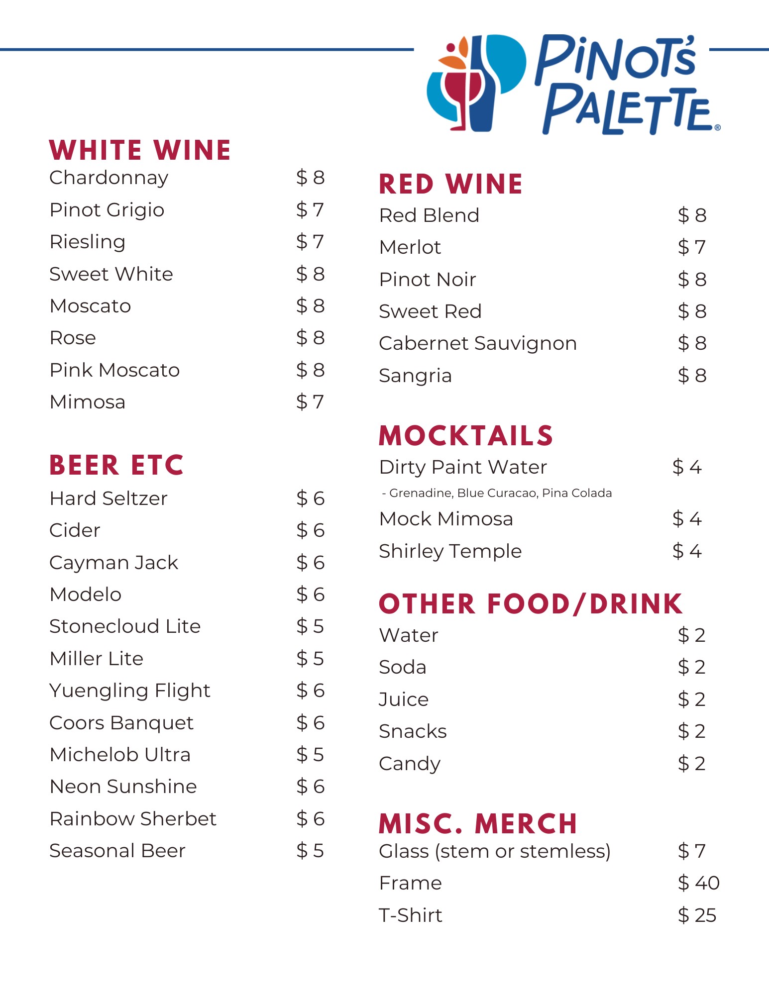 Pinot's Palette Biricktown Bar Menu